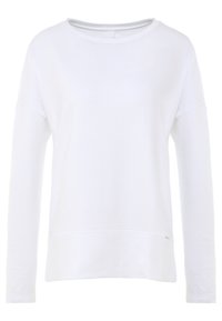 Bílá mikina s dlouhým rukávem a kulatým výstřihem, uvolněného střihu, se základním logem na spodním lemu.