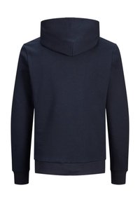 Navy hoodie with a kangaroo pocket, ribbed cuffs and hem, and an adjustable drawstring hood. Smooth fabric texture, casual design.