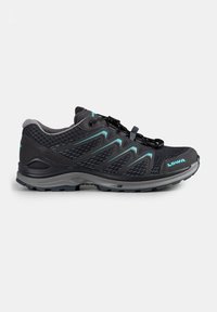 Black athletic shoe with mesh upper, turquoise accents, textured overlay, and rubber sole; features quick-lacing system and padded collar.