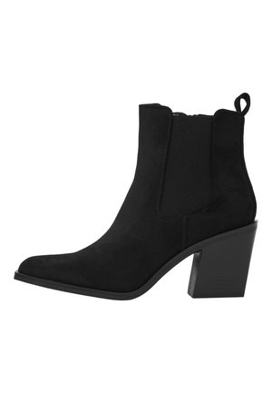 Bottines en suede noir avec un talon épais, dotées de panneaux élastiques sur les côtés, d'un bout pointu et d'une languette pour un enfilage facile.