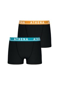 Caleçons de boxe noirs en pack de deux. Dotés de ceintures contrastantes en orange et turquoise avec la marque "ATHENA". Tissu doux, design ajusté.