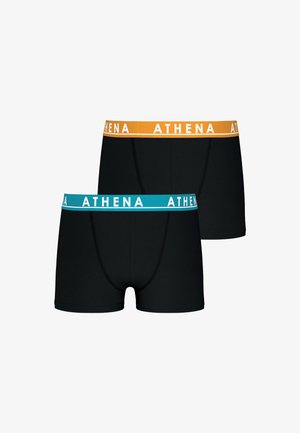 Caleçons de boxe noirs en pack de deux. Dotés de ceintures contrastantes en orange et turquoise avec la marque "ATHENA". Tissu doux, design ajusté.