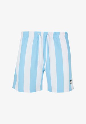 Blå og hvite stripete badebukser med elastisk midjebånd, justerbar snor og liten logo-lapp på siden.