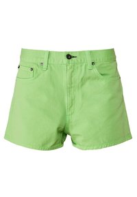 Shorts en denim vert en coton avec une taille haute, des poches avant et une fermeture à bouton. Texture lisse et détails cousus le long des coutures.