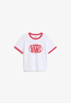 Hvid bomulds-t-shirt med rød kontrastkant og et stort rødt Vans-logo centreret på forsiden. Kortærmet med rund hals.