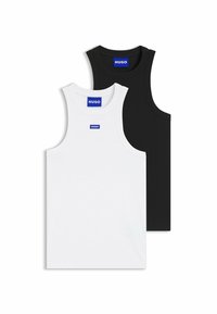 Due canotte senza maniche, una nera e una bianca, realizzate in tessuto morbido. Ognuna presenta un collo rotondo e un'etichetta con logo blu sul davanti.