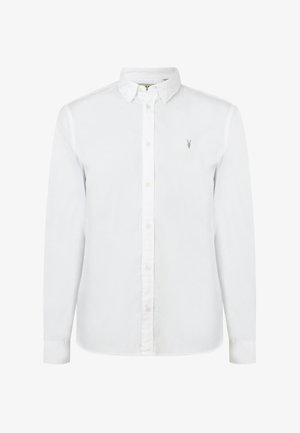 Biała koszula z długim rękawem wykonana z bawełny, z kołnierzykiem zapinanym na guziki, przodem z klapką z guzikami oraz małym haftowanym logo na piersi.