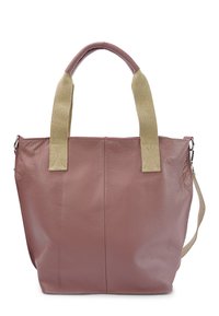 Leren totebag in zacht mauve met beige canvas handvatten en een afneembare schouderriem, met een gestructureerde vorm en minimale stiksels.