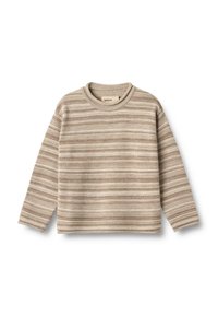 Beige trui met lange mouwen, gemaakt van een gestructureerde breistekstof, met horizontale strepen in donkerder beige en lichtbruine tinten. Ronde halslijn.