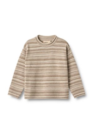 Beige trui met lange mouwen, gemaakt van een gestructureerde breistekstof, met horizontale strepen in donkerder beige en lichtbruine tinten. Ronde halslijn.