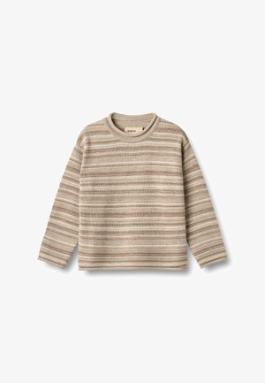 Langærmet beige sweater lavet af struktureret strikstof med vandrette striber i mørkere beige og lysebrune nuancer. Rund halsudskæring.