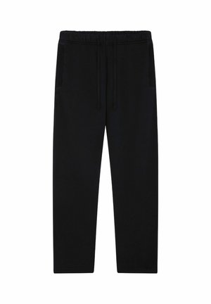 Pantalon de survêtement noir à jambes droites avec taille élastique et cordon de serrage, doté de poches latérales et de détails côtelés le long des poches.