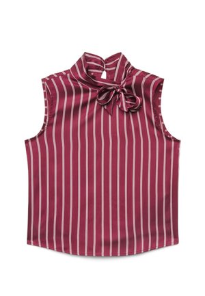 Blusa bordeaux senza maniche con righe verticali bianche e collo alto legato davanti con un fiocco.