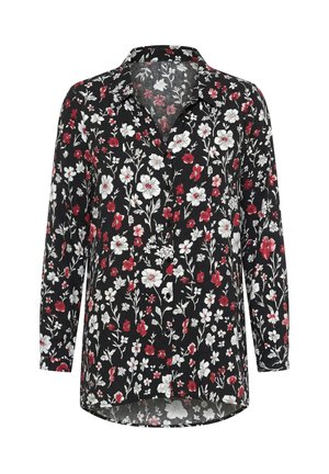 Schwarze Bluse mit langen Ärmeln und Kragen, mit rotem und weißem Blumenmuster, Knopfleiste vorne und leicht geschwungenem Saum.