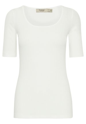 T-shirt bianco a maniche corte realizzato in un materiale a coste, con scollatura a barchetta e una silhouette aderente. Etichetta visibile all'interno del collo.
