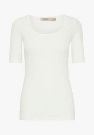 T-shirt bianco a maniche corte realizzato in un materiale a coste, con scollatura a barchetta e una silhouette aderente. Etichetta visibile all'interno del collo.