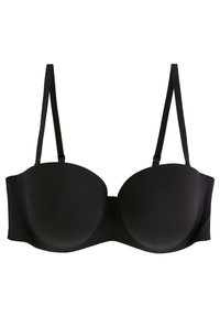 Soutien-gorge noir sans bretelles en tissu lisse avec des bonnets moulés, doté de bretelles réglables et d'une fermeture à crochets et œil pour un maintien sécurisé.