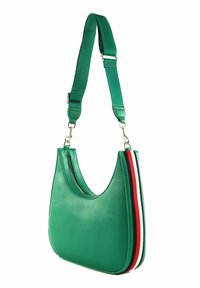 Grüne Leder-Schultertasche mit einer geschwungenen Form, die über eine Reißverschlusstasche und mehrfarbige Streifen (rot, weiß und schwarz) an der Seite verfügt.