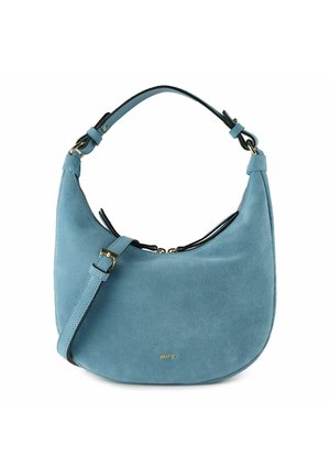 Bolso de ante azul claro con correa de hombro ajustable, hebilla dorada y pequeño logo dorado "abro" en la parte frontal.