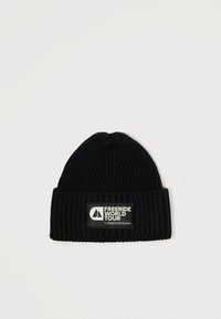 Black ribbed knit beanie featuring a rectangular patch with "FREERIDE WORLD TOUR" and logo. Soft texture, form-fitting shape.