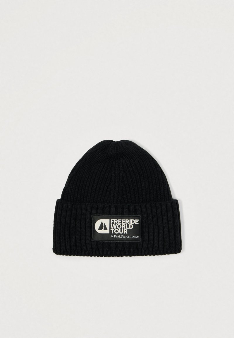 Black ribbed knit beanie featuring a rectangular patch with "FREERIDE WORLD TOUR" and logo. Soft texture, form-fitting shape.