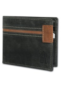 Black leather wallet with a brown accent stripe. Features multiple card slots and stitching detail. Compact, rectangular shape.