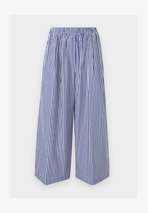 Pantalon court à jambes larges rayé verticalement bleu et blanc, taille élastique et coupe ample.