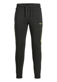 Sorte sweatpants lavet af blød stof med snoretræk i taljen, ribbede manchetter og grønne logo accenter langs siden.