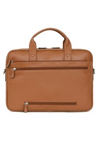 Bruine leren laptoptas met dubbele handgrepen aan de bovenkant, twee ritszakken, gestructureerd oppervlak en rechthoekige vorm.