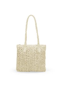 Bolsa de mano de paja tejida, color crema, forma rectangular, con asas trenzadas y una superficie texturizada con un diseño de patrón abierto.