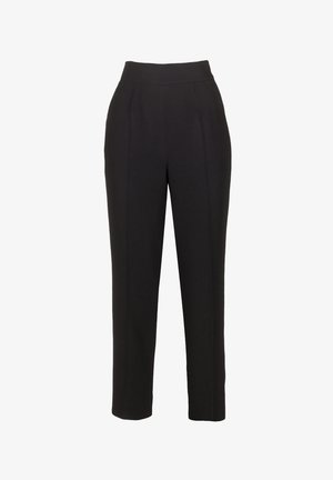 Black tailored trousers with a high waistband. Straight leg design, featuring vertical pleats for added detail. Smooth fabric texture.