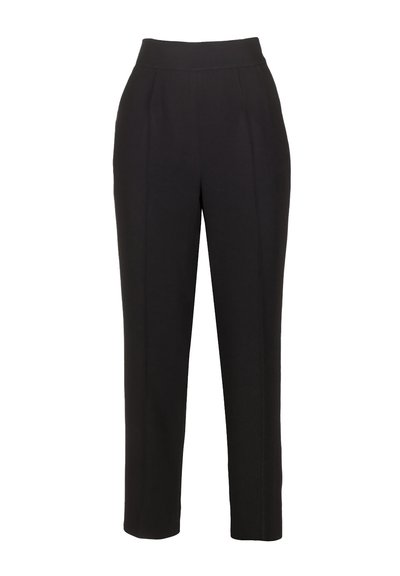 Pantalons noir sur mesure avec une taille haute. Design à jambe droite, avec des plis verticaux pour plus de détails. Texture de tissu lisse.