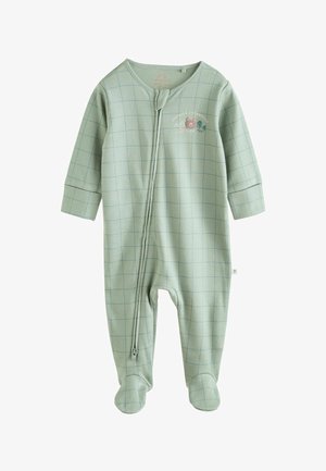 Zelena karirana otroška bodi s dolgimi rokavi, zadrgo in stopalkami. Ima vezenino medvedka in drevesa na prsih. Mehka material.