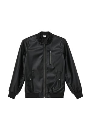 Black leather bomber jacket featuring a zip front, two side pockets, and ribbed cuffs and hem. Smooth texture with a minimalist design.