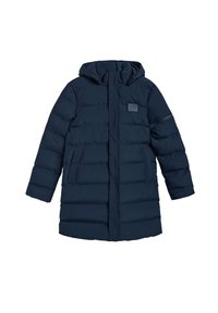 Marinblå puffjacka med huva, med ett kviltat mönster, två framfickor och en logopatch på bröstet. Slätt, lätt material.