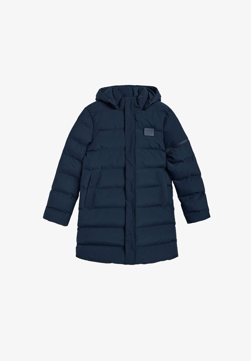 Abrigo acolchado de color marino con capucha, que cuenta con un diseño acolchado, dos bolsillos delanteros y un parche con logotipo en el pecho. Material suave y ligero.