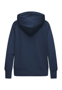 Navy blue hooded sweatshirt with long sleeves, a relaxed fit, and ribbed cuffs and hem. Made of soft, textured fabric. Back view displayed.
