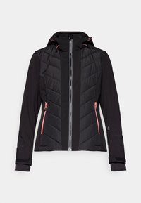Veste noire matelassée avec capuche, fermeture éclair frontale complète, poches avec fermeture éclair rose, et sangles ajustables aux poignets, conçue pour le temps froid.