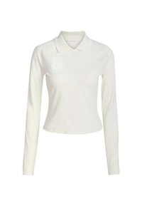 White long-sleeve polo shirt with a classic collar, featuring subtle embroidered logo accents on the chest and smooth, stretchy fabric.