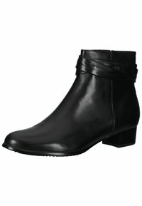 Botas de tobillo de cuero negro con un diseño elegante, que cuentan con una correa retorcida alrededor del tobillo y un tacón bajo y ancho para mayor estabilidad.