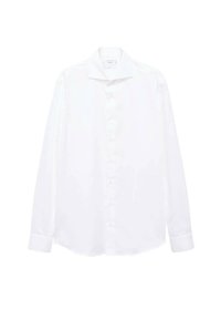 Camicia bianca a maniche lunghe in tessuto liscio, con colletto classico, chiusura frontale con bottoni e polsini con bottoni. Nessun motivo o accento visibile.
