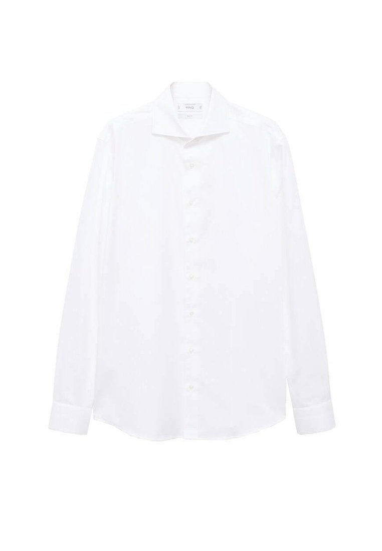 Camicia bianca a maniche lunghe in tessuto liscio, con colletto classico, chiusura frontale con bottoni e polsini con bottoni. Nessun motivo o accento visibile.