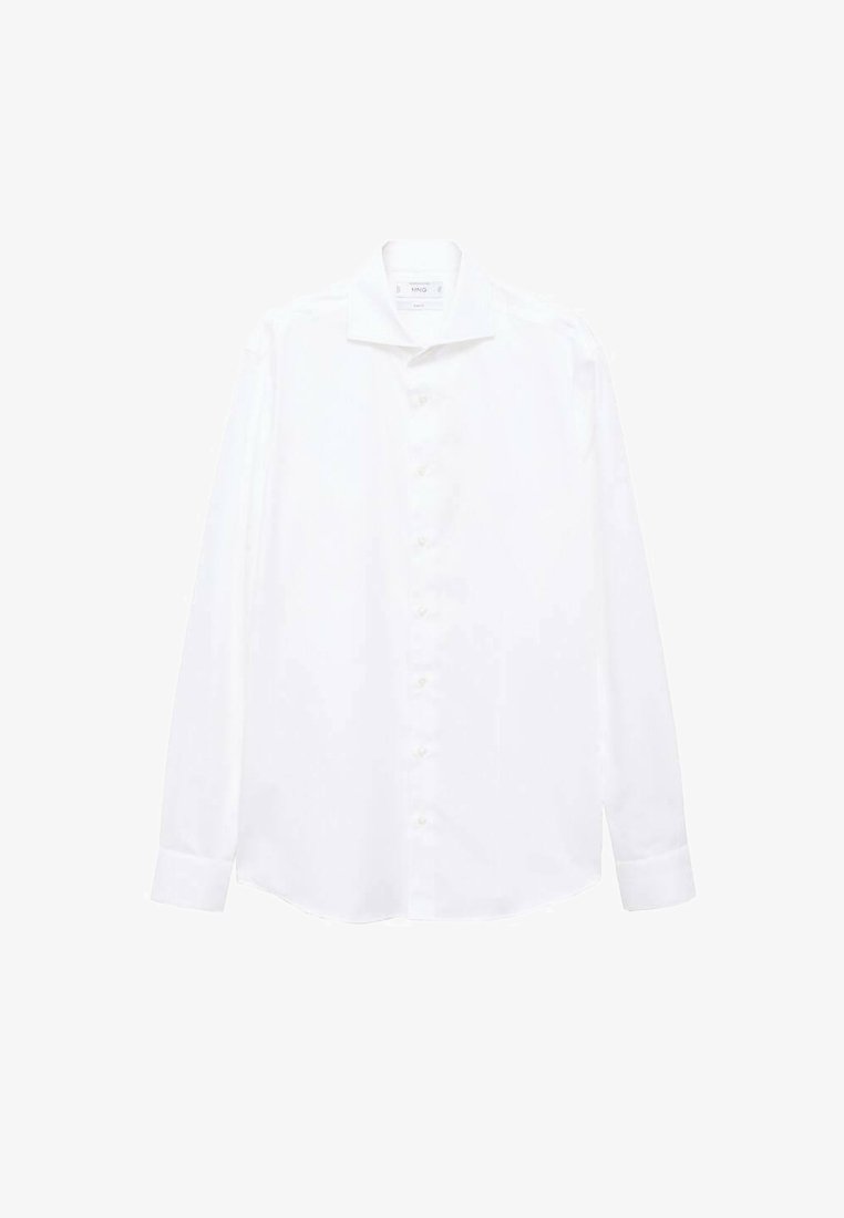 Bela srajca z dolgimi rokavi, izdelana iz gladkega materiala, s klasičnim ovratnikom, zapiranjem na gumbe spredaj in gumbi na manšetah. Brez vidnih vzorcev ali poudarkov.