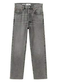 Jeans de mezclilla gris con un diseño de pierna recta, cinco bolsillos, herrajes en tono cobre y sutiles efectos de desgastado en la parte frontal.