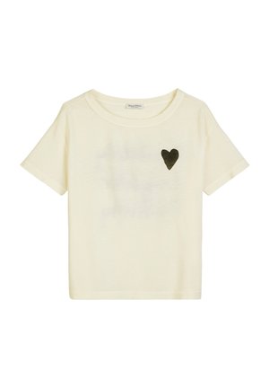 Cremfarbendes T-Shirt mit kurzen Ärmeln aus weichem Stoff. Verfügt über ein kleines schwarzes Herzgrafik im Bereich der linken Brust. Rundhalsausschnitt-Design.