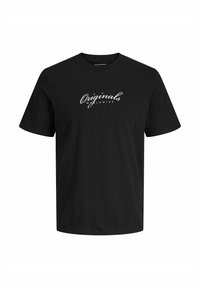 Sort bomulds t-shirt med korte ærmer, der har et hvidt skrifttype-logo "Originals Worldwide" tværs over brystet. Enkel, klassisk design.