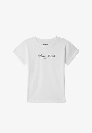 Witte t-shirt met korte mouwen van katoen met een ronde hals. Bevat het "Pepe Jeans LONDON" logo gedrukt in zwart en rood aan de voorkant.