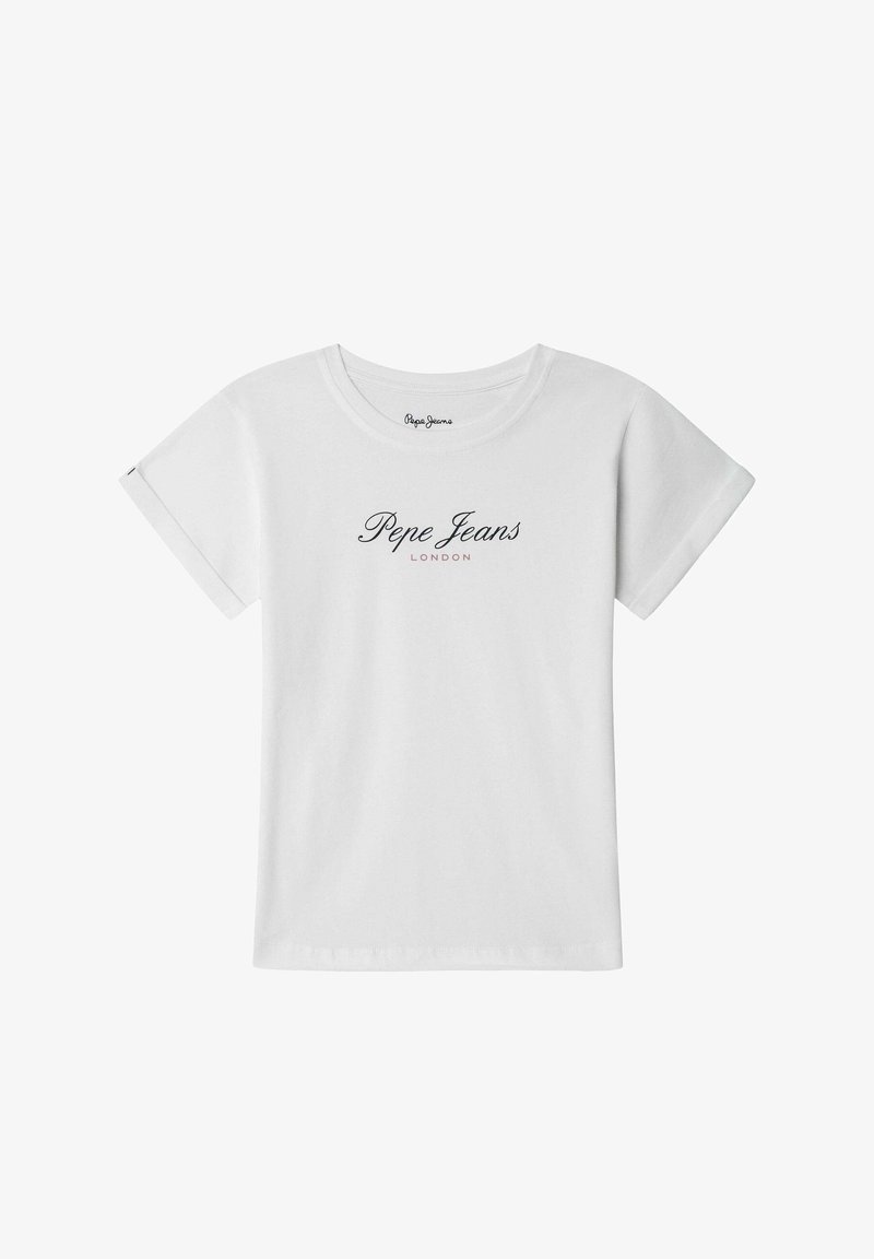 Witte t-shirt met korte mouwen van katoen met een ronde hals. Bevat het "Pepe Jeans LONDON" logo gedrukt in zwart en rood aan de voorkant.