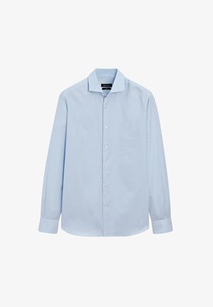 Camicia da uomo a maniche lunghe di colore azzurro chiaro con chiusura frontale a bottoni e colletto classico, mostrata distesa su uno sfondo bianco.
