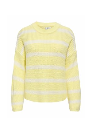 Rumena in bela prugaasta pletena jopica z zaobljenim ovratnikom in ohlapnim krojem, ki ima rebraste manšete in teksturirano tkanino.